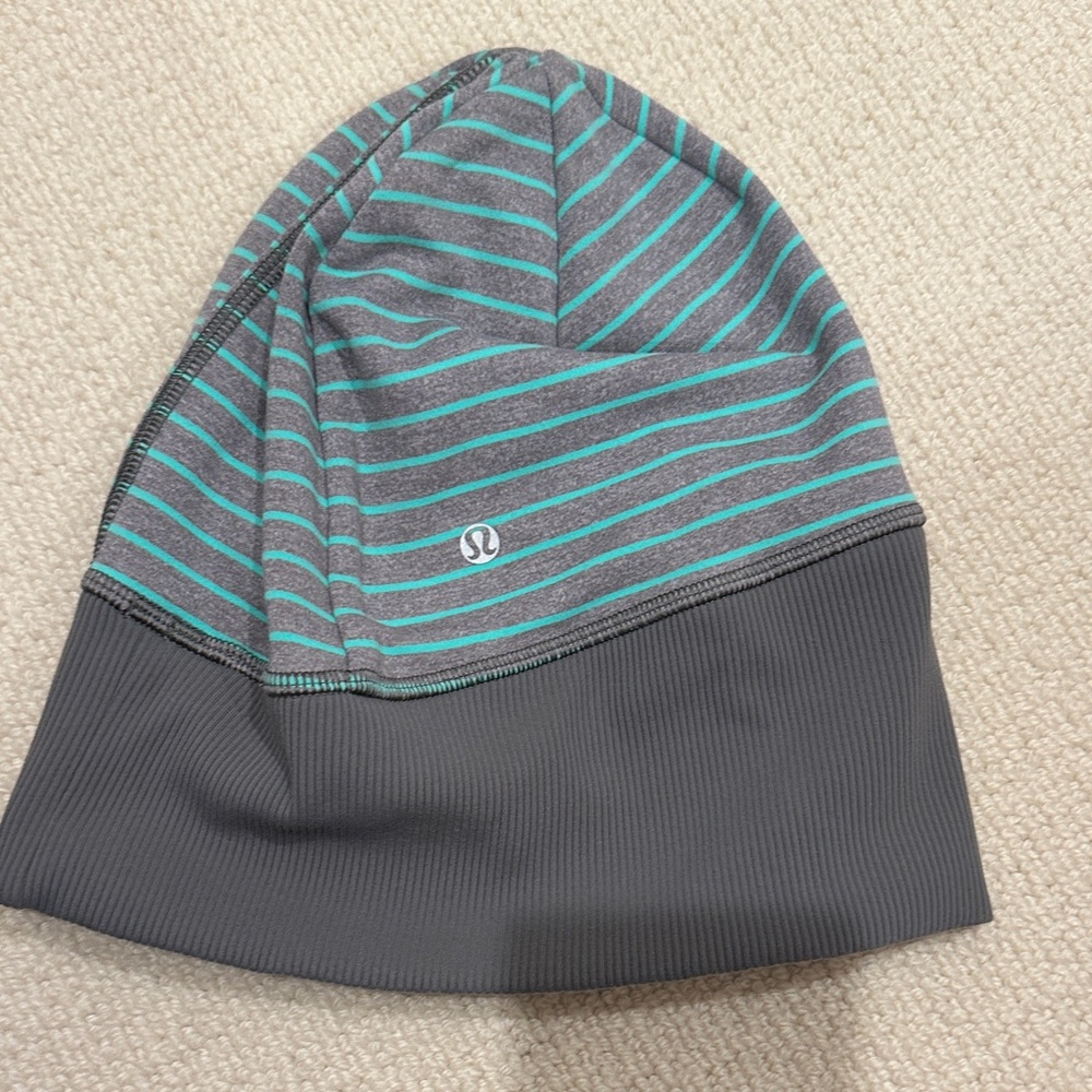 Lululemon Athletica Gray and Teal Striped Beanie